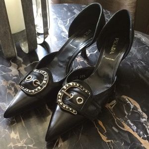 Prada black D’Orsay silver buckle kitten heels